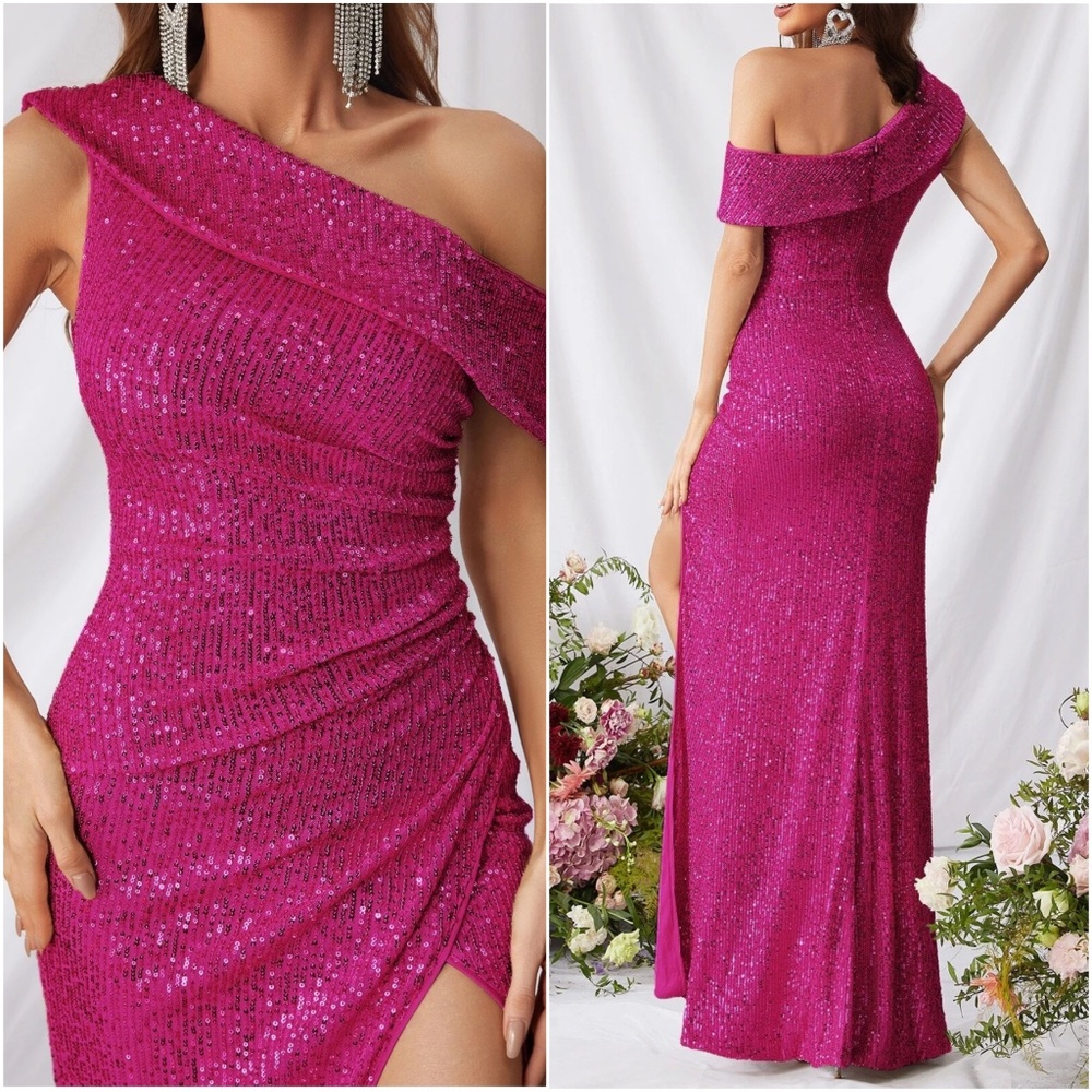 Luxe Dusty Pink One Shoulder slit thigh party formal Evening sequins dress - Picture 7 of 8
